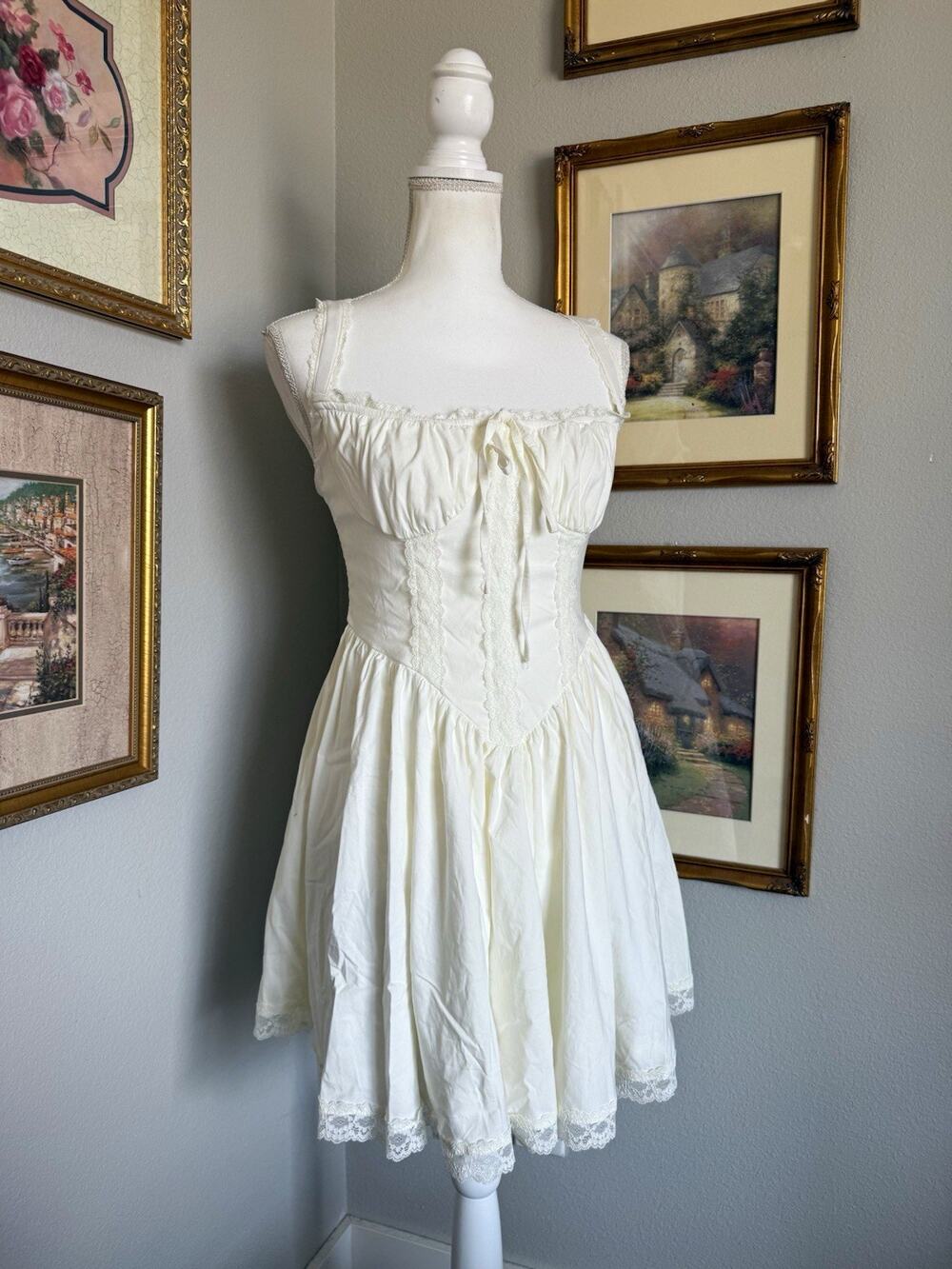 White Lace Bow Square Neck Strappy Sleeveless Fit & Flare Short Dress Zip Size M